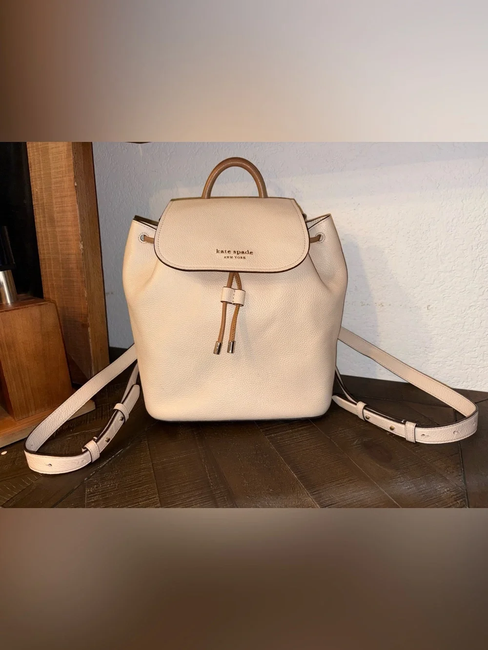 kate spade Cream Pebbled Leather Drawstring Backpack - NWOT - Picture 2 of 14